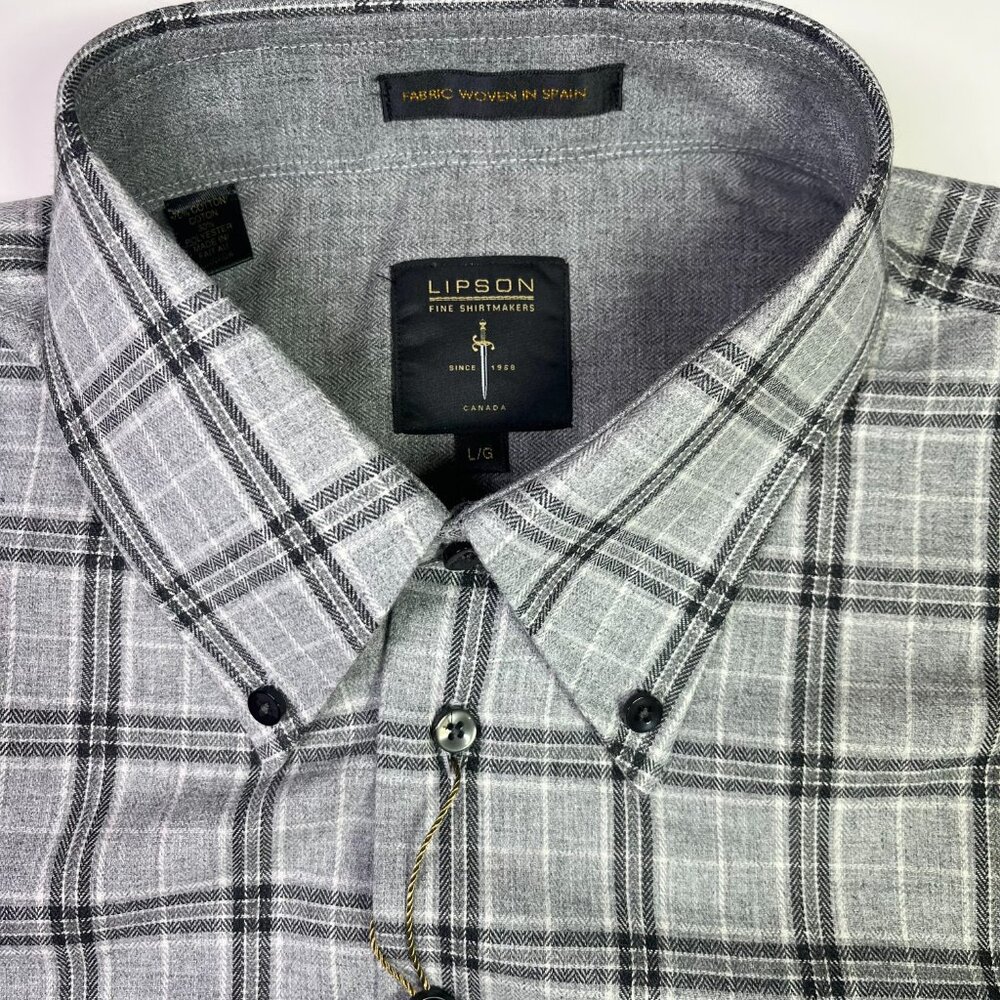 NWT Lipson Size L Grey Plaid Button-Down Shirt Cotton Blend
